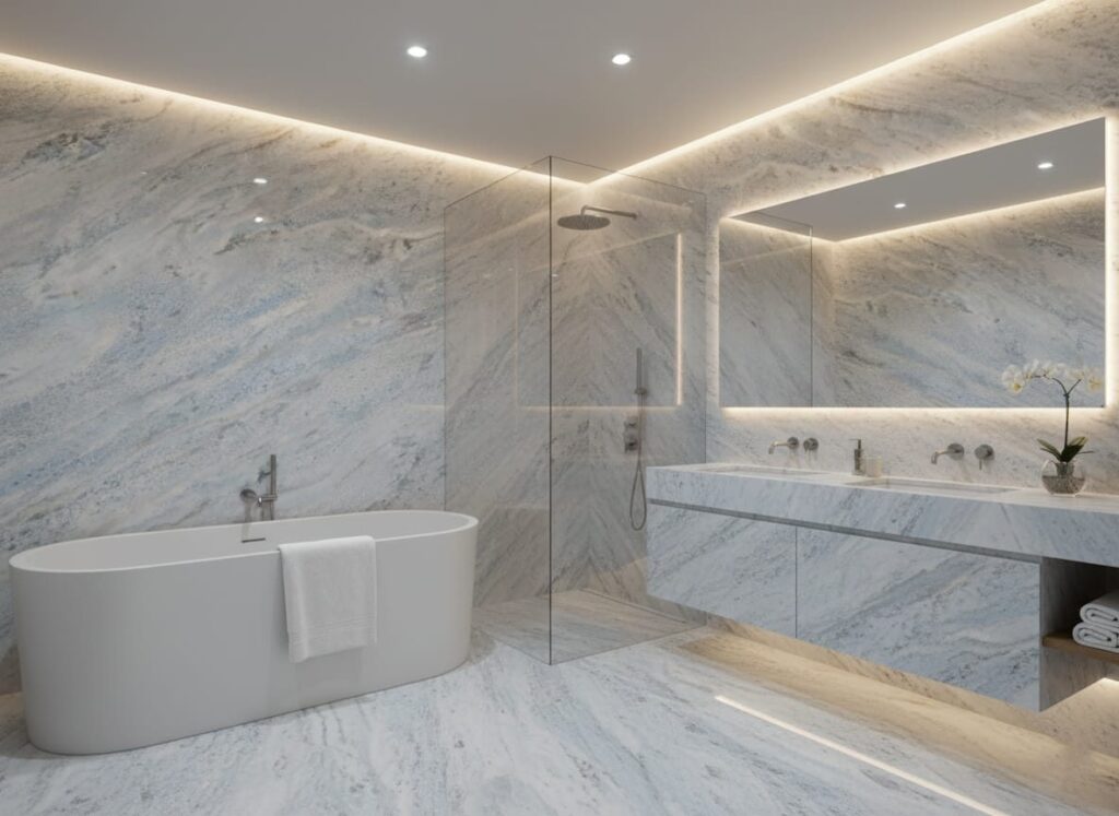 Baie amenajată cu piatră naturală – lucrare Kawa Stone